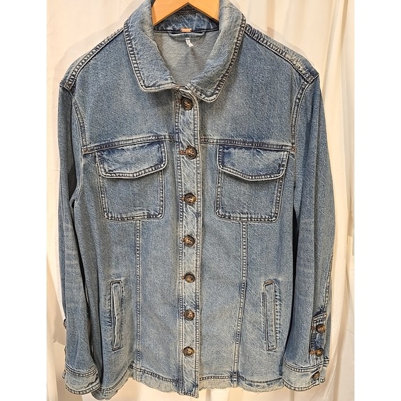 Free People Denim Jean Jacket Distressed Trucker Moto Womens L Y2K Boho - Picture 3 of 6